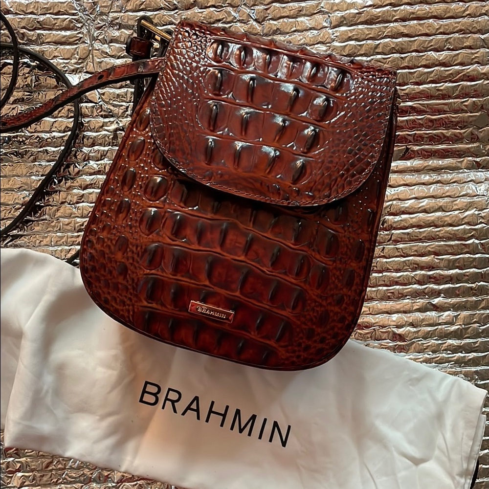 Brahmin Rich Brown Embossed Crossbody Bag